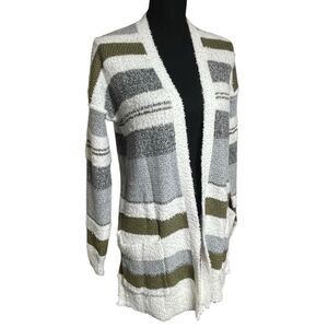 Pink Clover Gray and Green Striped Open Front Fuzzy Cardigan